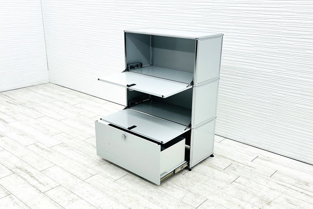 USM Haller USMハラー 中古 1列3段 ドロップダウン エクステンション 中古オフィス家具 ライトグレー 770/375/1100 両側パンチング 鍵無の画像