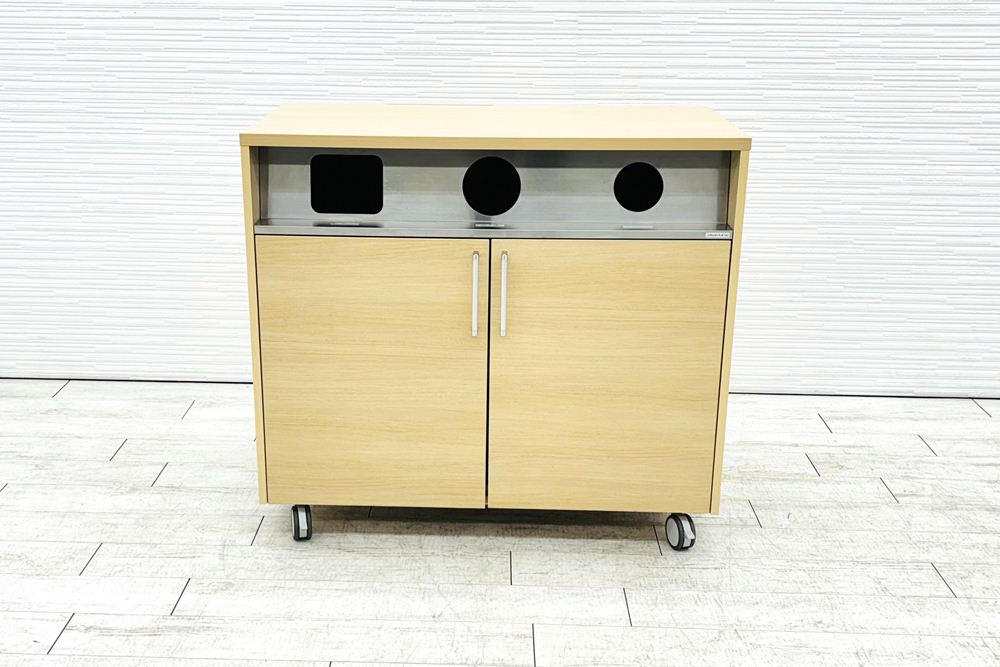 オカムラ トラッシュユニット ダストボックス 中古 キャスター付き ゴミ箱 ごみ箱 中古オフィス家具 ネオウッドライト 1000/520/900の画像