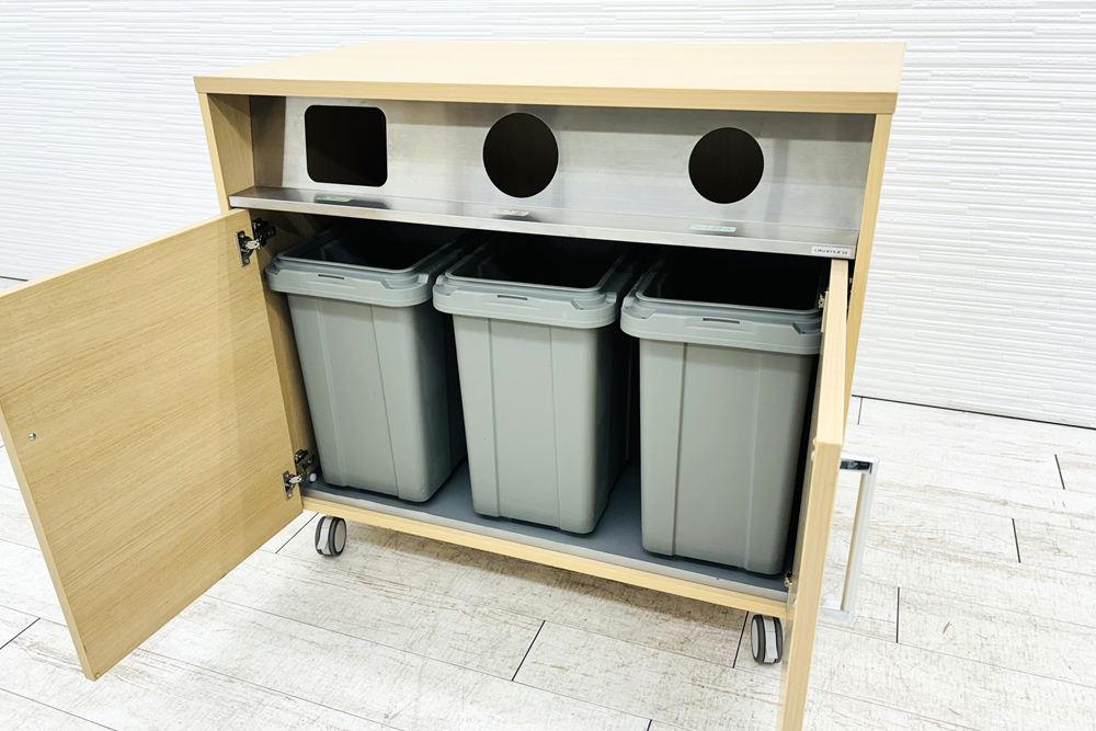 オカムラ トラッシュユニット ダストボックス 中古 キャスター付き ゴミ箱 ごみ箱 中古オフィス家具 ネオウッドライト 1000/520/900の画像