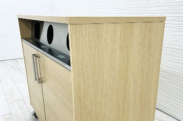 オカムラ トラッシュユニット ダストボックス 中古 キャスター付き ゴミ箱 ごみ箱 中古オフィス家具 ネオウッドライト 1000/520/900の画像