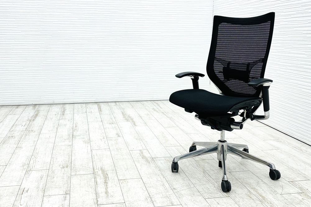 バロンチェア 中古 オカムラ OKAMURA Baron ブラック 可動肘 ハイバック ポリッシュフレーム 中古オフィス家具 メッシュの画像