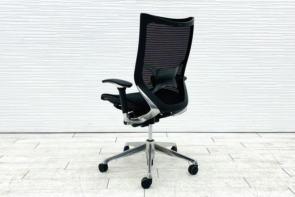 バロンチェア 中古 オカムラ OKAMURA Baron ブラック 可動肘 ハイバック ポリッシュフレーム 中古オフィス家具 メッシュの画像