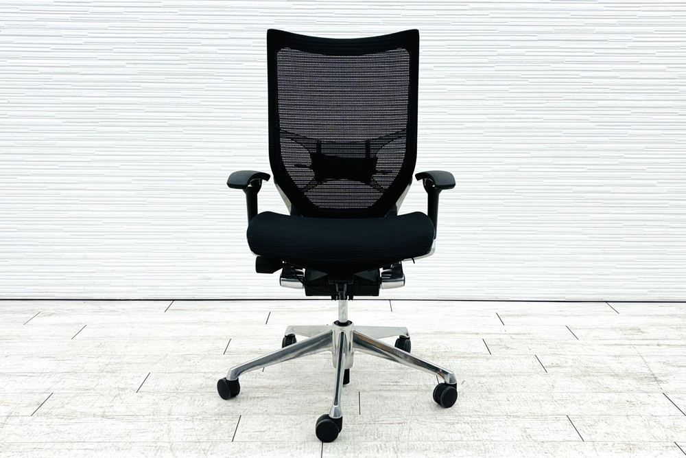 バロンチェア 中古 オカムラ OKAMURA Baron ブラック 可動肘 ハイバック ポリッシュフレーム 中古オフィス家具 メッシュの画像