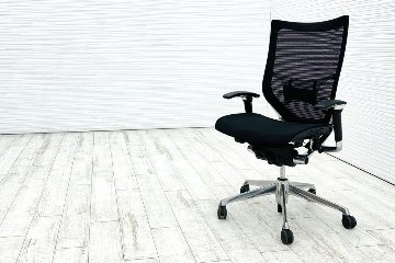 バロンチェア 中古 オカムラ OKAMURA Baron ブラック 可動肘 ハイバック ポリッシュフレーム 中古オフィス家具 メッシュの画像