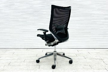 バロンチェア 中古 オカムラ OKAMURA Baron ブラック 可動肘 ハイバック ポリッシュフレーム 中古オフィス家具 メッシュの画像