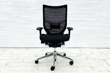 バロンチェア 中古 オカムラ OKAMURA Baron ブラック 可動肘 ハイバック ポリッシュフレーム 中古オフィス家具 メッシュの画像