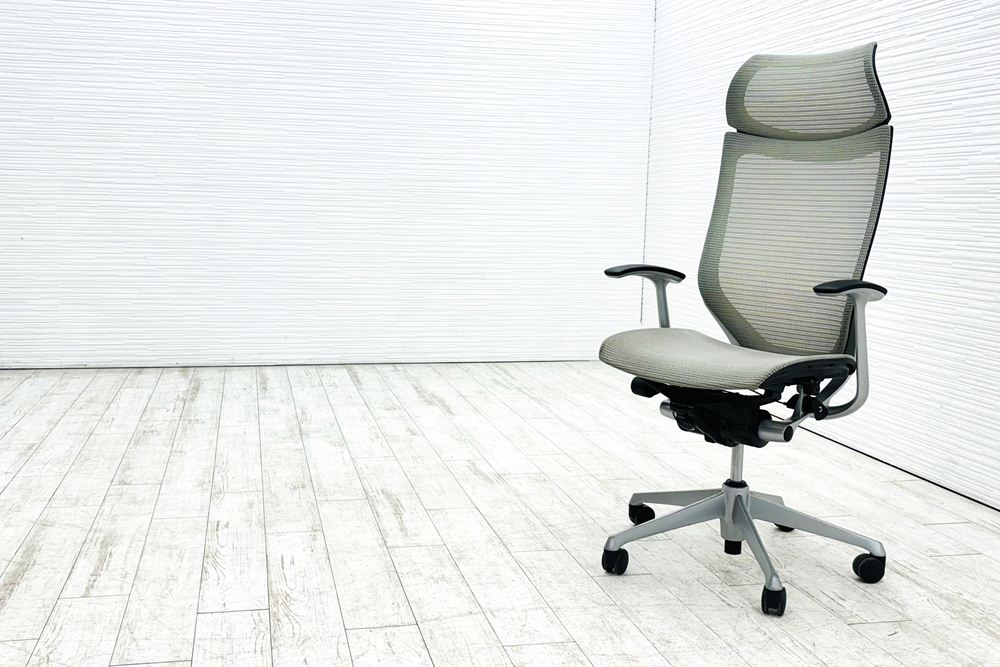 バロンチェア オカムラ エクストラハイバック OKAMURA Baron 固定肘 高機能チェア 中古オフィス家具 固定ヘッドレスト グレーの画像