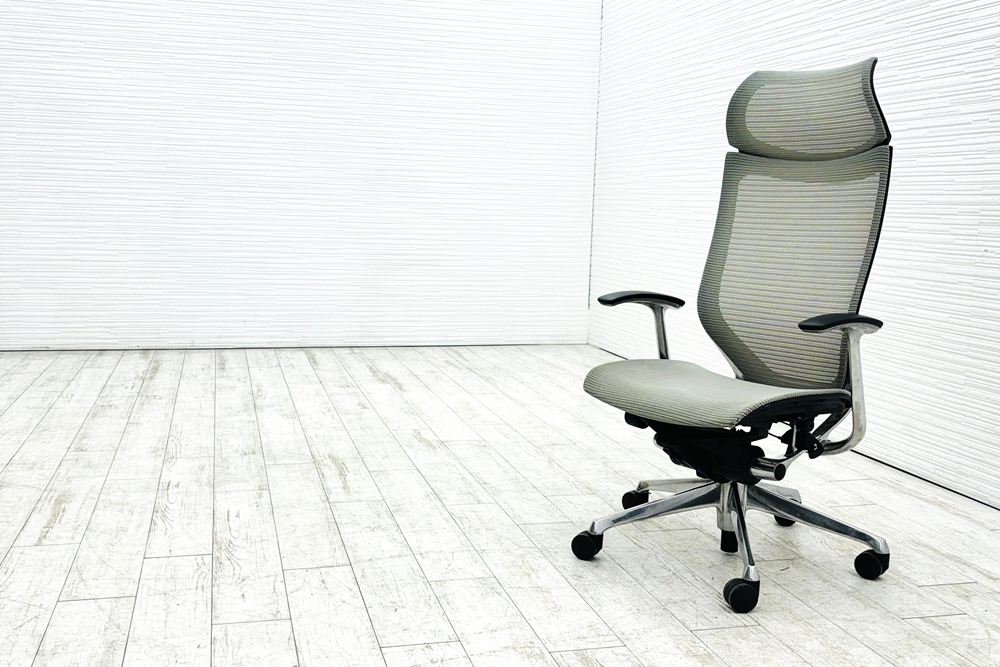 オカムラ バロンチェア エクストラハイバック OKAMURA Baron 固定肘 高機能チェア 中古オフィス家具 固定ヘッドレスト グレーの画像