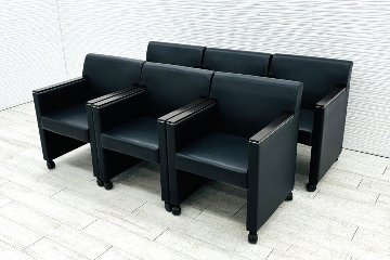 オカムラ ミーティングチェア 【6脚セット】 多目的チェア 中古オフィス家具 応接椅子 ソファ キャスター付 ブラックの画像