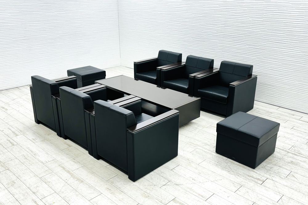 イトーキ 応接家具 【9点セット】 応接セット 中古 応接ソファ 応接テーブル 応接ソファー 中古オフィス家具 ブラック レザーの画像
