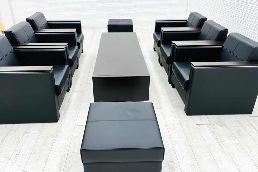 イトーキ 応接家具 【9点セット】 応接セット 中古 応接ソファ 応接テーブル 応接ソファー 中古オフィス家具 ブラック レザーの画像