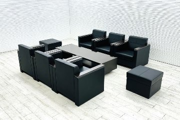 イトーキ 応接家具 【9点セット】 応接セット 中古 応接ソファ 応接テーブル 応接ソファー 中古オフィス家具 ブラック レザーの画像