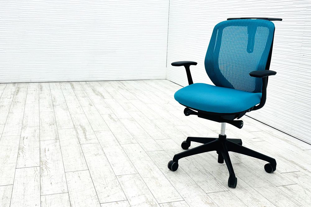 オカムラ シルフィーチェア 2020年製 ローバック 固定肘 中古 Sylphy メッシュ 中古オフィス家具 ブルーグリーン C642XR-FMR6の画像