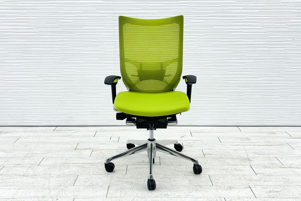 バロンチェア オカムラ 2018年製 中古 Baron 中古オフィス家具 ポリッシュフレーム メッシュ ハイバック ランバーサポート ライムグリーンの画像