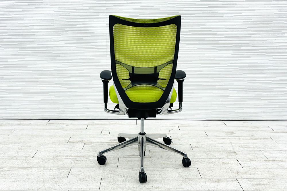バロンチェア オカムラ 2018年製 中古 Baron 中古オフィス家具 ポリッシュフレーム メッシュ ハイバック ランバーサポート ライムグリーンの画像