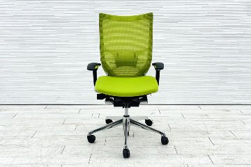 バロンチェア オカムラ 2018年製 中古 Baron 中古オフィス家具 ポリッシュフレーム メッシュ ハイバック ランバーサポート ライムグリーンの画像