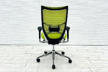 バロンチェア オカムラ 2018年製 中古 Baron 中古オフィス家具 ポリッシュフレーム メッシュ ハイバック ランバーサポート ライムグリーンの画像