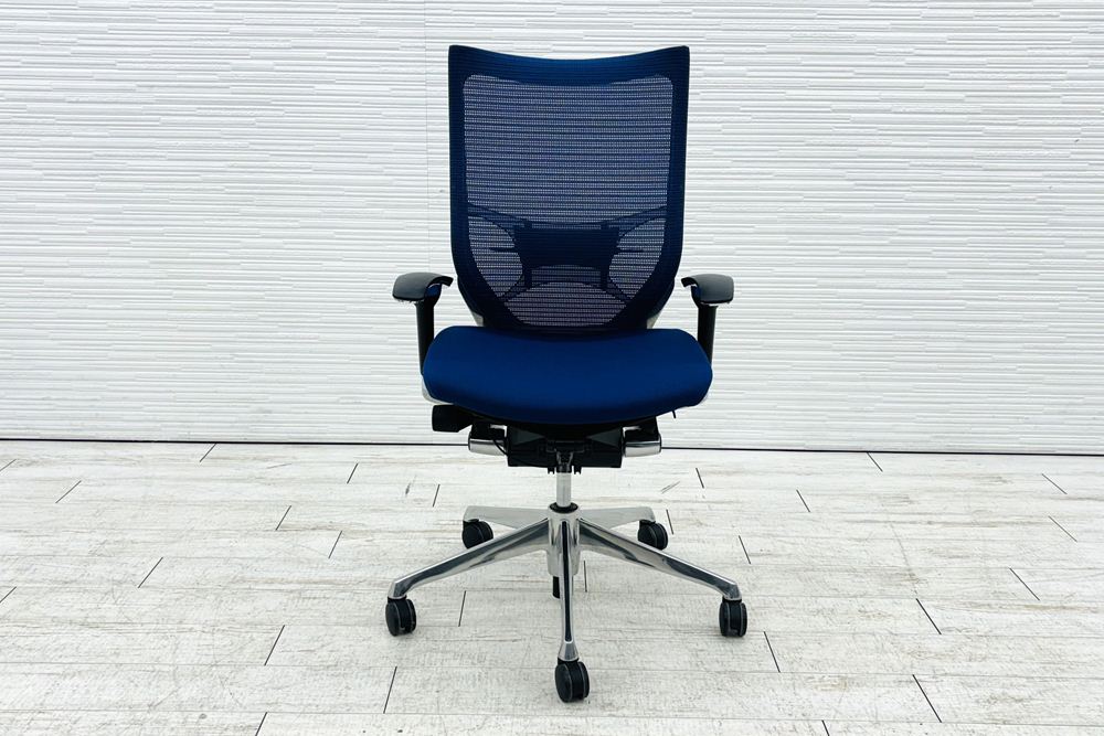 バロンチェア オカムラ 中古 OKAMURA Baron 中古オフィス家具 ポリッシュフレーム メッシュ ハイバック ランバーサポート ミディアムブルーの画像
