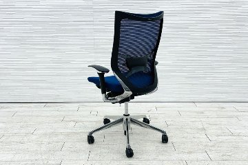 バロンチェア オカムラ 中古 OKAMURA Baron 中古オフィス家具 ポリッシュフレーム メッシュ ハイバック ランバーサポート ミディアムブルーの画像