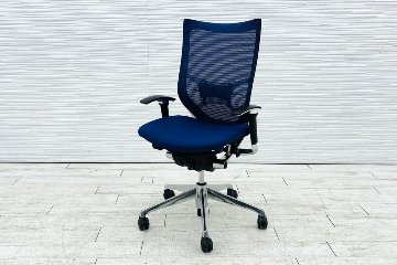 バロンチェア オカムラ 中古 OKAMURA Baron 中古オフィス家具 ポリッシュフレーム メッシュ ハイバック ランバーサポート ミディアムブルーの画像