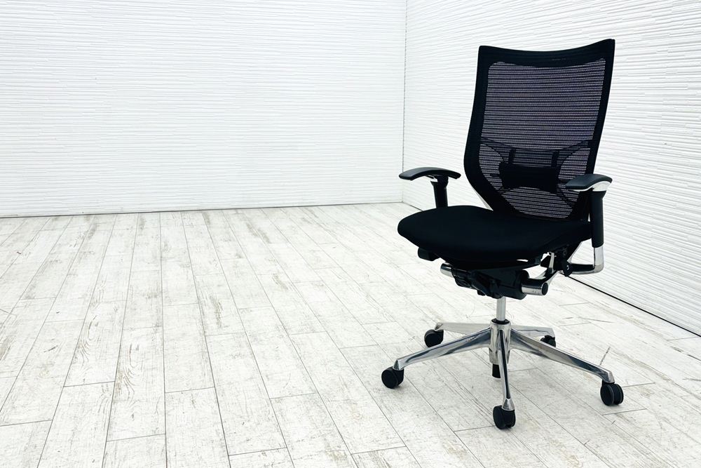 バロンチェア オカムラ 中古 OKAMURA Baron 中古オフィス家具 ポリッシュフレーム メッシュ ハイバック ランバーサポート ブラックの画像