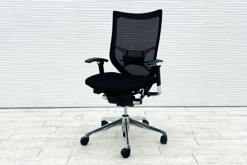 バロンチェア オカムラ 中古 OKAMURA Baron 中古オフィス家具 ポリッシュフレーム メッシュ ハイバック ランバーサポート ブラックの画像