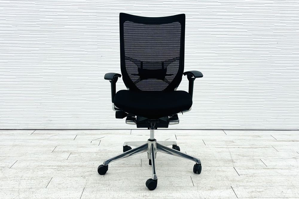 バロンチェア オカムラ 中古 OKAMURA Baron 中古オフィス家具 ポリッシュフレーム メッシュ ハイバック ランバーサポート ブラックの画像