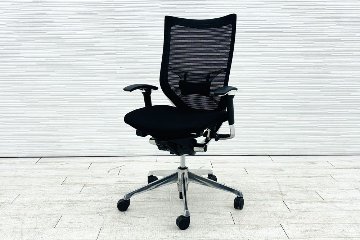 バロンチェア オカムラ 中古 OKAMURA Baron 中古オフィス家具 ポリッシュフレーム メッシュ ハイバック ランバーサポート ブラックの画像