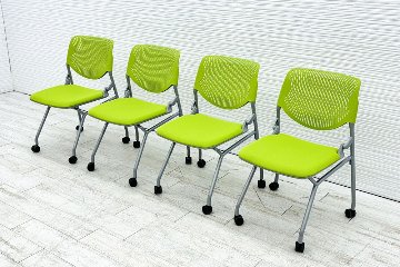 オカムラ ルナチェア 【4脚セット】 中古 肘無 Runa ミーティングチェア ネスティングチェア 会議椅子 中古オフィス家具 81S1EA ライムグリーンの画像