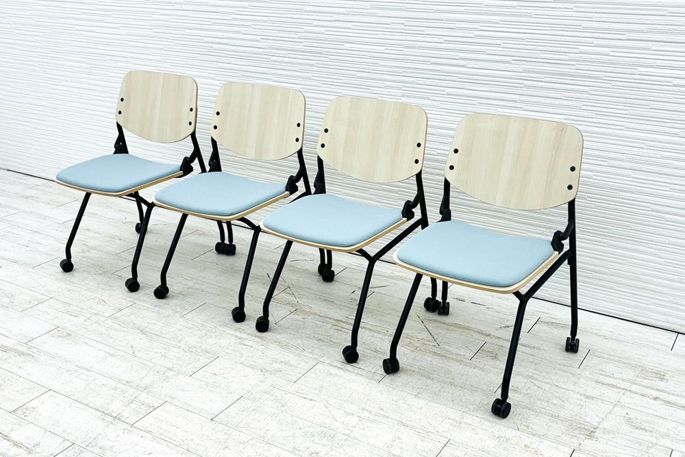オカムラ ライブス ネスティングチェア 中古 【4脚セット】 Lives Nesting Chair ミーティングチェア 会議椅子 中古オフィス家具 セージの画像