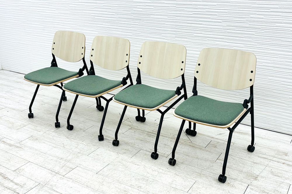 オカムラ ライブス ネスティングチェア 中古 【4脚セット】 Lives Nesting Chair ミーティングチェア 会議椅子 中古オフィス家具 ダークグリーンの画像