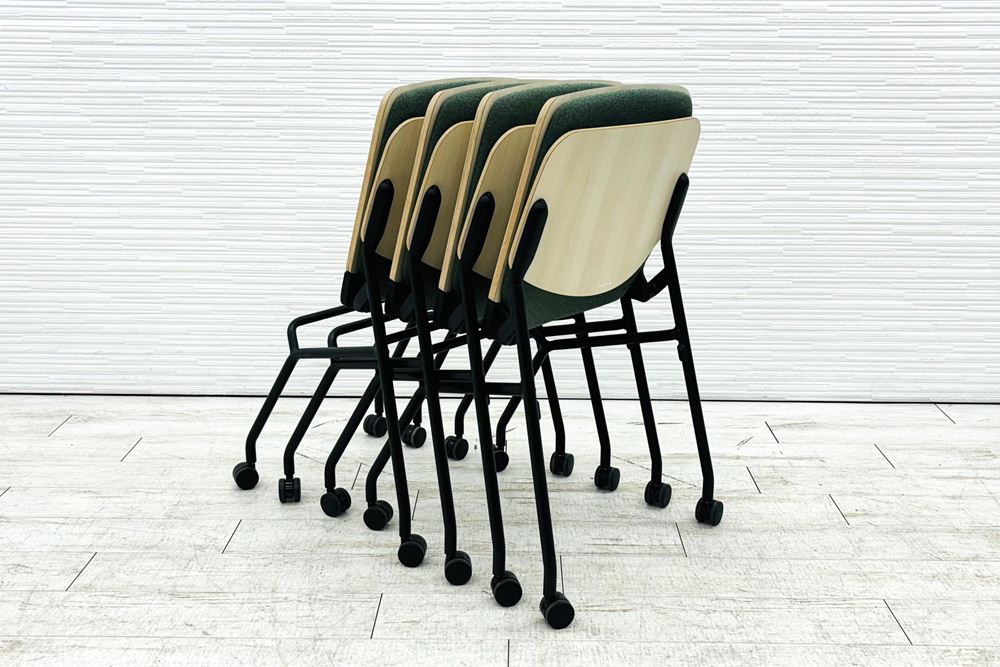 オカムラ ライブス ネスティングチェア 中古 【4脚セット】 Lives Nesting Chair ミーティングチェア 会議椅子 中古オフィス家具 ダークグリーンの画像