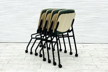 オカムラ ライブス ネスティングチェア 中古 【4脚セット】 Lives Nesting Chair ミーティングチェア 会議椅子 中古オフィス家具 ダークグリーンの画像