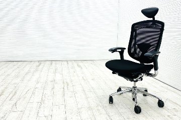 オカムラ コンテッサチェア 中古 OKAMURA Contessa ヘッドレスト付 ポリッシュフレーム クッション 中古オフィス家具 ブラックの画像