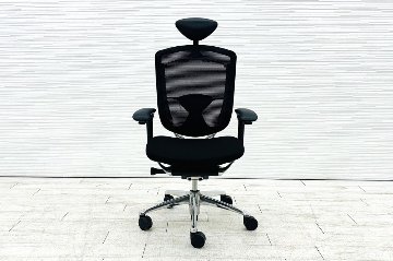 オカムラ コンテッサチェア 中古 OKAMURA Contessa ヘッドレスト付 ポリッシュフレーム クッション 中古オフィス家具 ブラックの画像