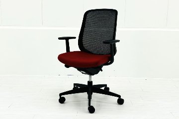 コクヨ シロッコチェア 中古 Scirocco(シロッコ)シリーズ 固定肘 KOKUYO 中古オフィス家具 背/ブラック 座/レッドの画像