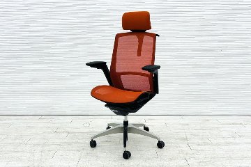 オカムラ フィノラチェア 中古 2020年製 エクストラハイバック 可動肘 メッシュ 中古オフィス家具 OKAMURA Finora C78BBR-F1F8 オレンジの画像
