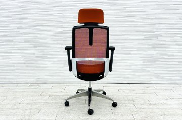 オカムラ フィノラチェア 中古 2020年製 エクストラハイバック 可動肘 メッシュ 中古オフィス家具 OKAMURA Finora C78BBR-F1F8 オレンジの画像
