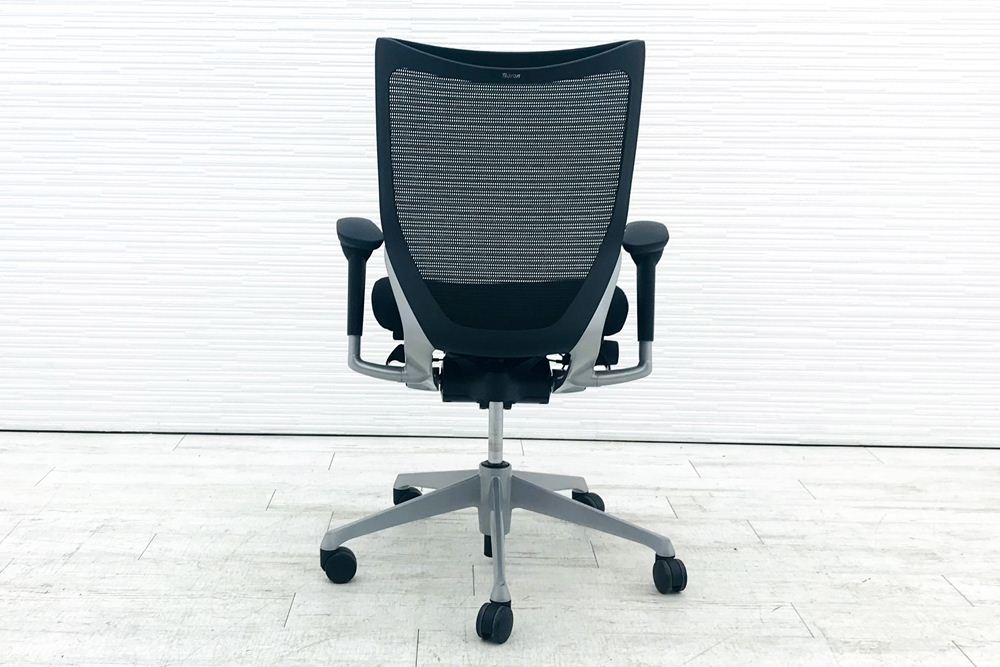 バロンチェア オカムラ 中古 ローバック OKAMURA Baron シルバーフレーム メッシュ 可動肘 中古オフィス家具 ブラックの画像