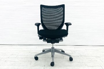 バロンチェア オカムラ 中古 ローバック OKAMURA Baron シルバーフレーム メッシュ 可動肘 中古オフィス家具 ブラックの画像