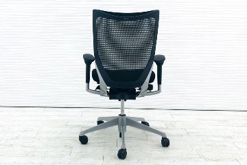 バロンチェア オカムラ 中古 ローバック OKAMURA Baron シルバーフレーム メッシュ 可動肘 中古オフィス家具 ブラックの画像