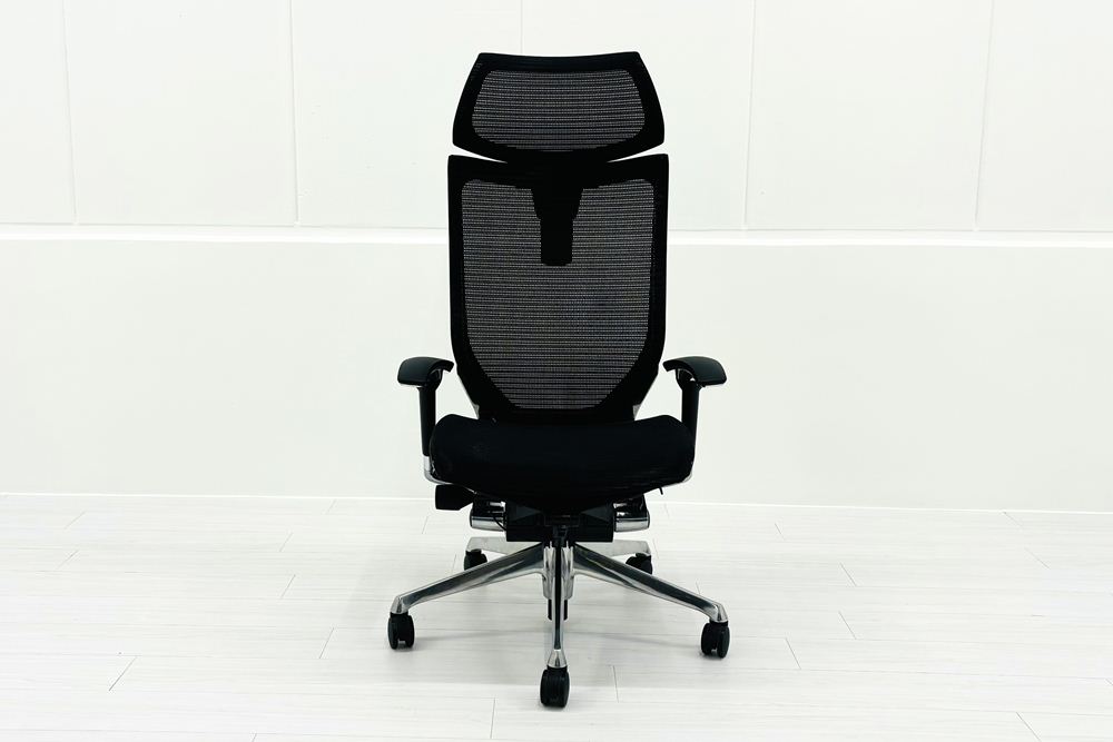 バロンチェア 中古 オカムラ エクストラハイバック メッシュ 可動肘 高機能チェア 中古オフィス家具 可動ヘッドレスト ブラックの画像