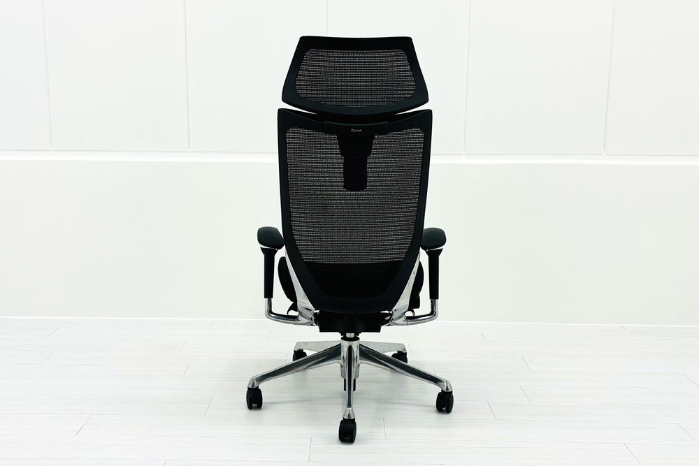 バロンチェア 中古 オカムラ エクストラハイバック メッシュ 可動肘 高機能チェア 中古オフィス家具 可動ヘッドレスト ブラックの画像