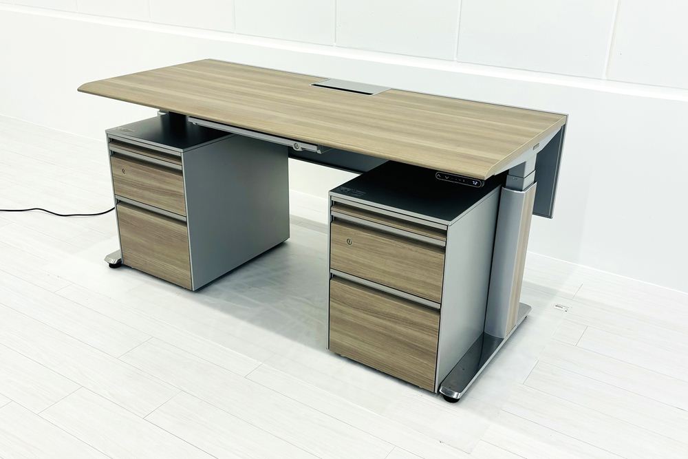 オカムラ プリシード PRECEDE 昇降デスク 中古 ワゴン付き エグゼクティブデスク 高級デスク 中古オフィス家具 1550/685/650～1250の画像