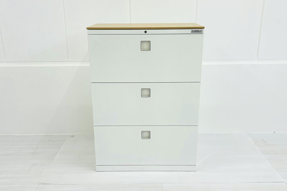 オカムラ レクトライン 3段ラテラル書庫 収納家具 中古 キャビネット スチール書庫 中古オフィス家具 シリンダー錠 800/450/1120 ホワイトの画像