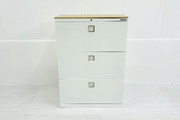オカムラ レクトライン 3段ラテラル書庫 収納家具 中古 キャビネット スチール書庫 中古オフィス家具 シリンダー錠 800/450/1120 ホワイトの画像