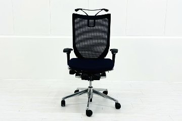 オカムラ バロンチェア 中古 2018年製 可動肘(アジャストアーム) ハイバック 座クッション 中古オフィス家具 ダークブルー OKAMURA Baronの画像