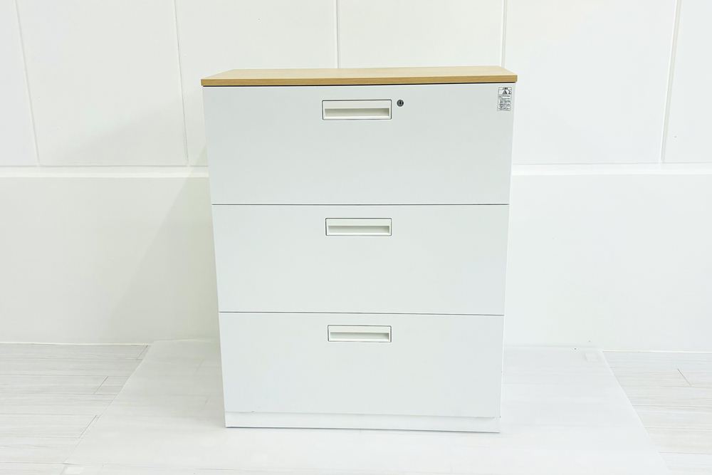 3段ラテラル スチール書庫 中古 ラテラル書庫 コクヨ エディア 収納家具 中古オフィス家具 ホワイト シリンダー錠 900/450/1130の画像
