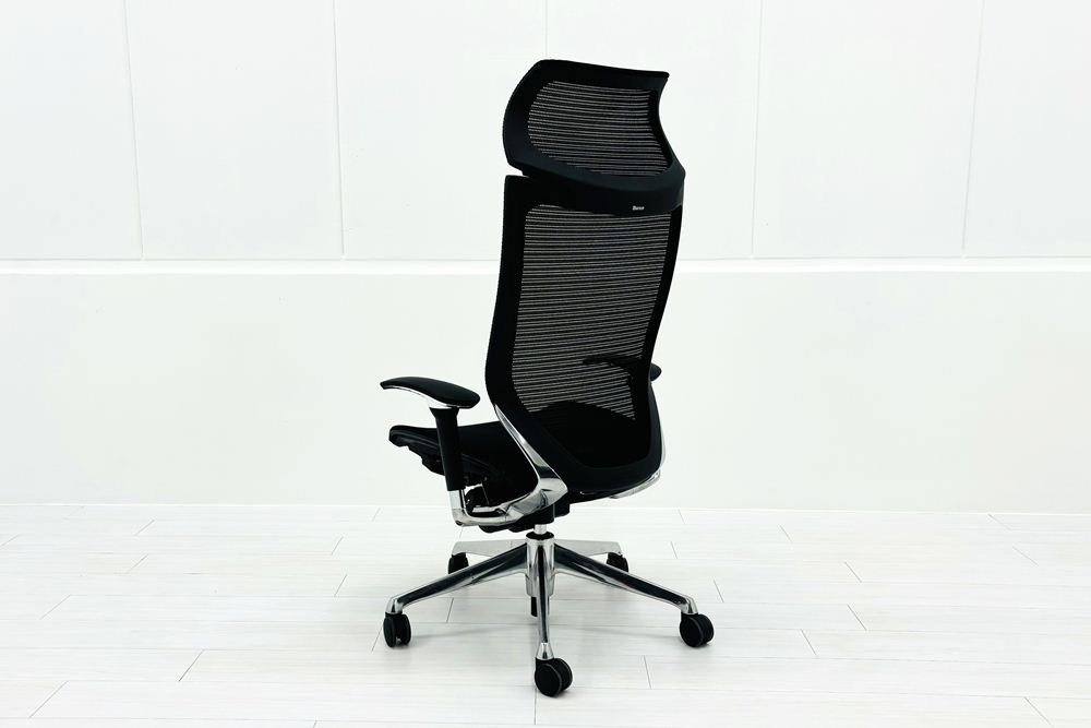 【ポリッシュ脚ピカピカ磨き有！】オカムラ バロンチェア 中古 2019年製 Baron エクストラハイバック 可動肘 中古オフィス家具 固定ヘッドレスト ブラックの画像