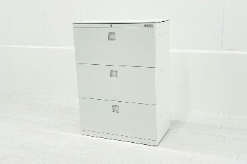 オカムラ レクトライン 中古 3段ラテラル書庫 収納家具 キャビネット スチール書庫 中古オフィス家具 シリンダー錠 800/450/1120 ホワイトの画像